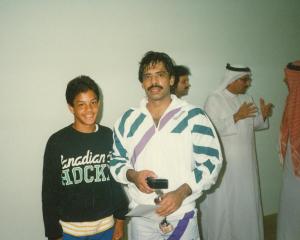 Jahangir Khan and I after his exhibition match at Arabian Homes in Jeddah, Saudi Arabia. 1989.